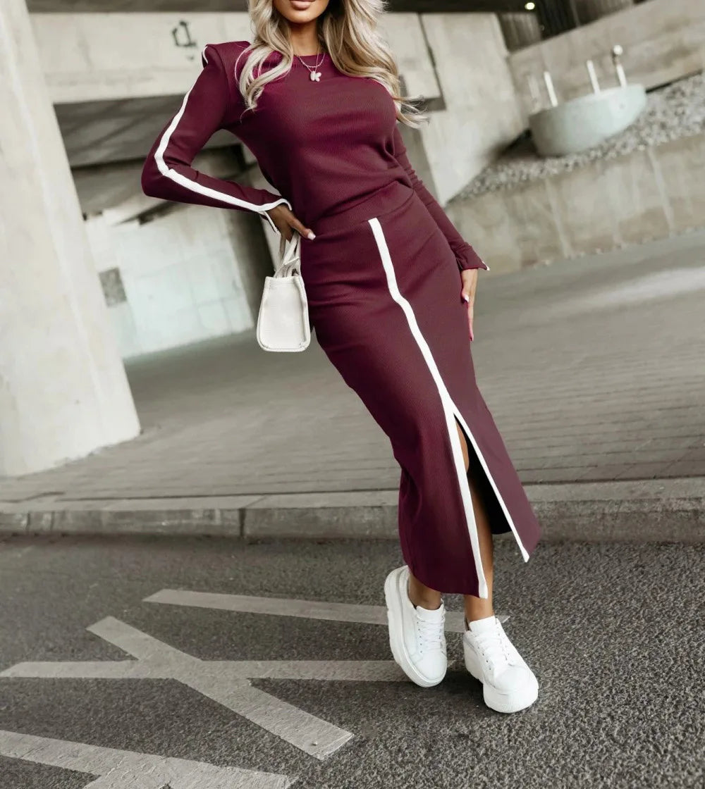 2025 Elegant Sexy Slit Skirt Outfit Long Sleeve Matching Casual Ladies Suit.  S-XL