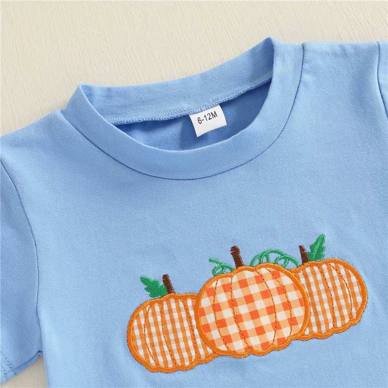 Toddler Baby Girls Boys Halloween Outfit Pumpkin Embroidered Short Sleeve T-shirts Plaid Elastic Waist Pants 2 Piece Set