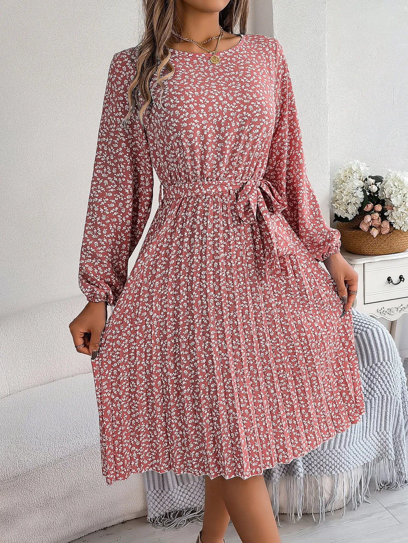 2025 Spring Summer Women's Long Sleeve O-neck Dress Floral Print Elegant Knee Length.