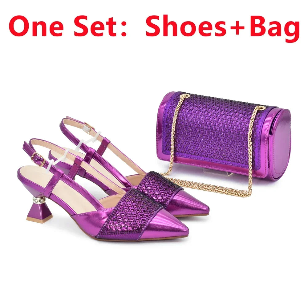 New Arrival Women Italian Shoes and Matching Bag Set Decorated with Rhinestones
