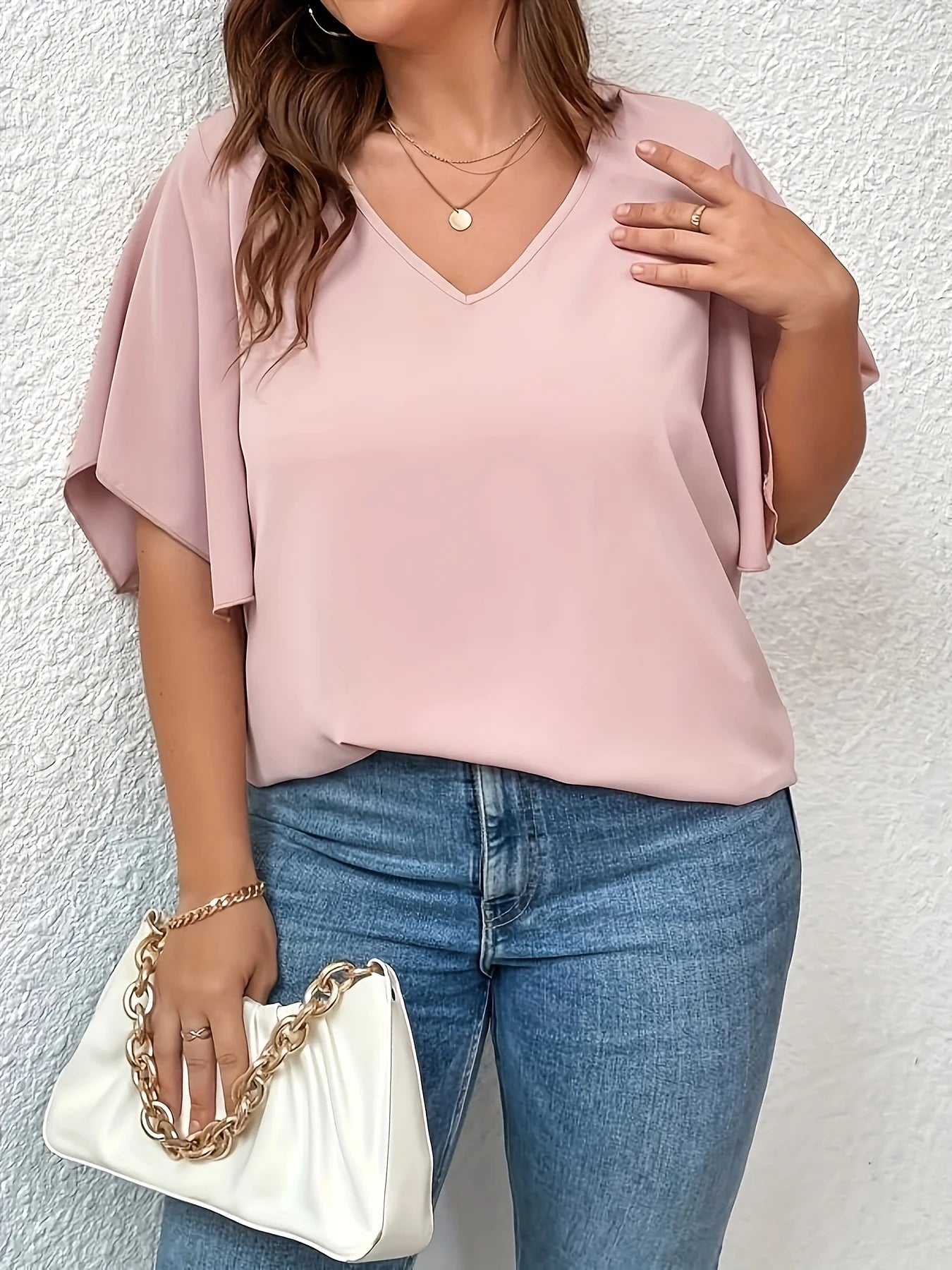 Plus Women's Shirt Solid Colour V Neck Bell Sleeve Blouse Slight Stretch Casual Top