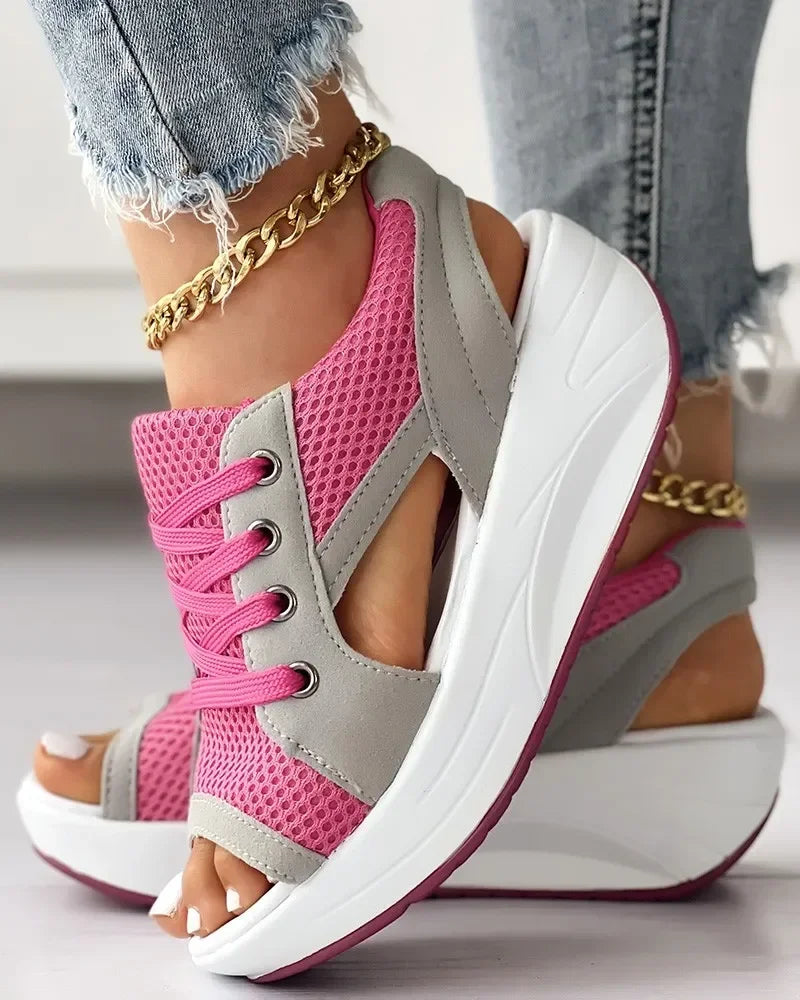 Summer Casual Comfortable Toe Contrast Cutout Lace-up Platform Sport Sandal/Sneakers