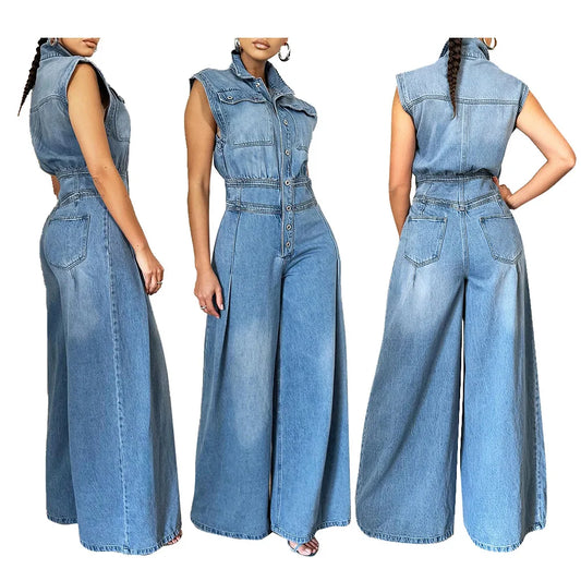 Women One Piece Denim Jeans Sleeveless High Waist Turn Down Collar Wide Leg Long Pants Romper Suit.  S-XXL