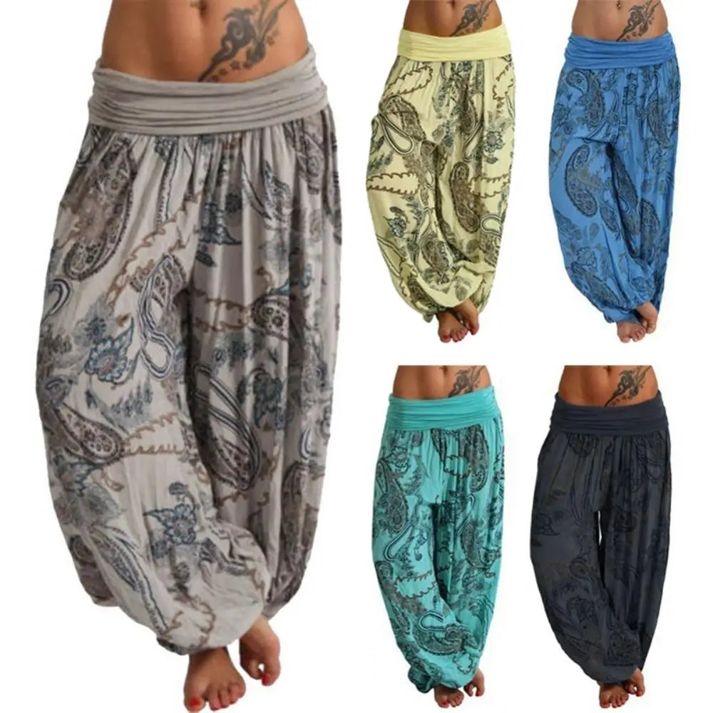 Ladies Boho Loose Pants Paisley Print High Waist Ankle Tied .