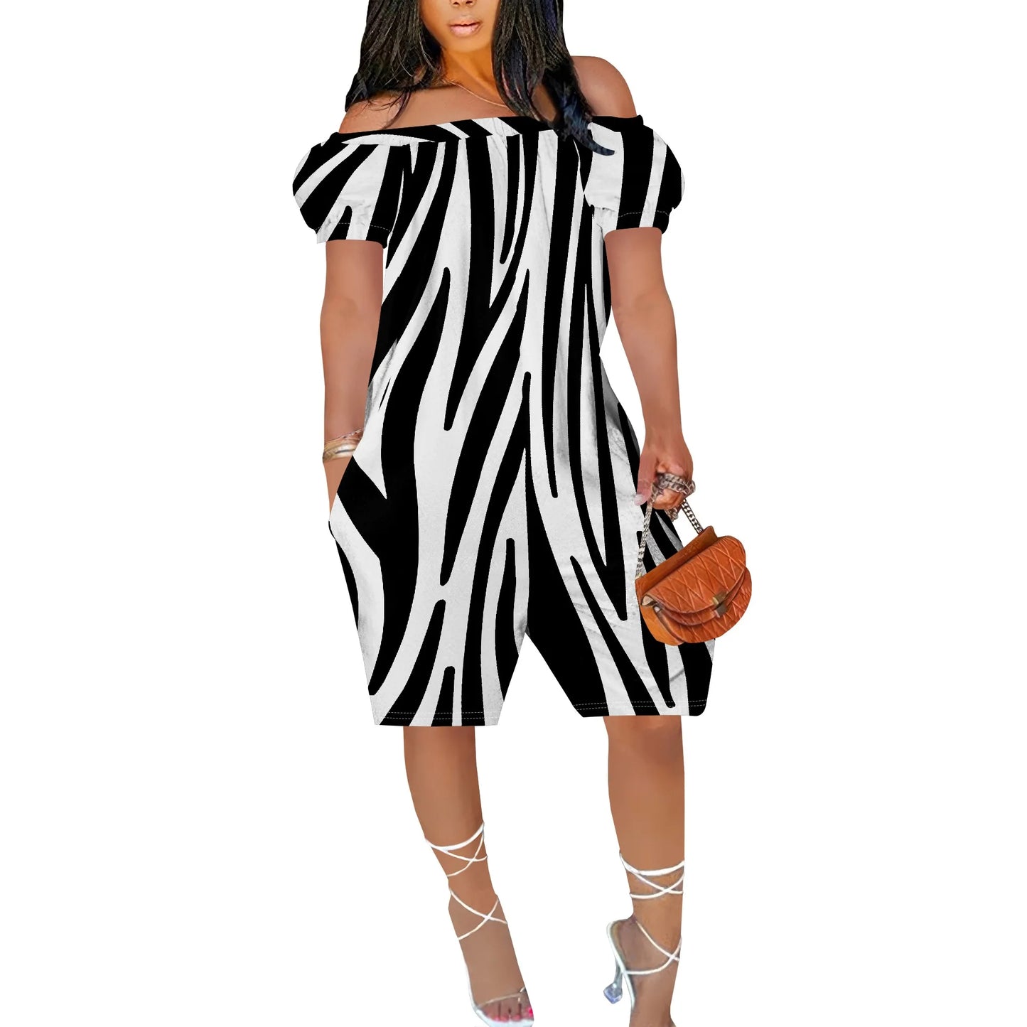Women One Piece Print Off Shoulder Short Sleeve Loose Shorts Jumpsuit.  S-3X