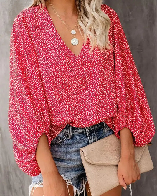 New European V-neck Printed Lantern Sleeve Top.  S-3X