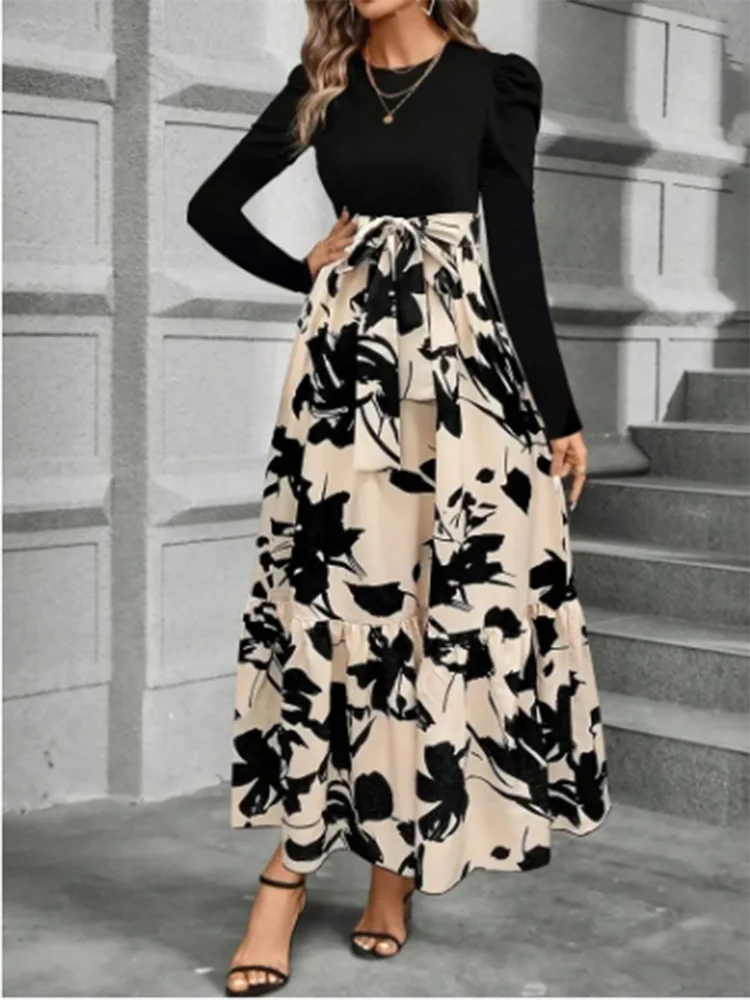 Women's Floral Print A-Line Dress - Long Sleeve Color Block Party Dress S-2X
