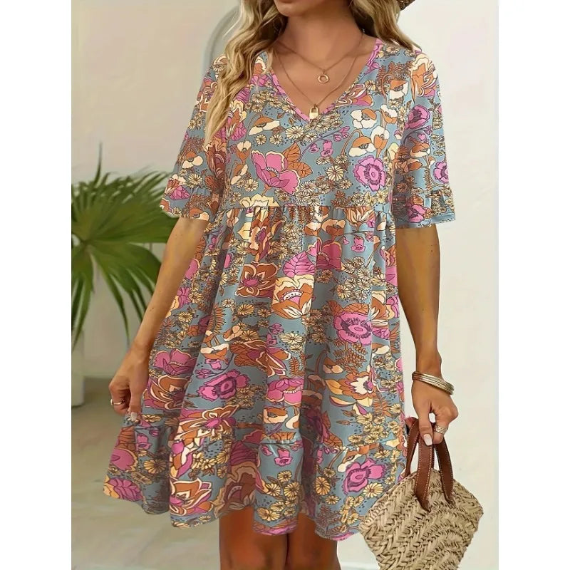 Plus Size 1XL-5XL Women's Fashionable Ruffle Sleeve V-neck Pleated Printed Casual and Comfortable Dress.