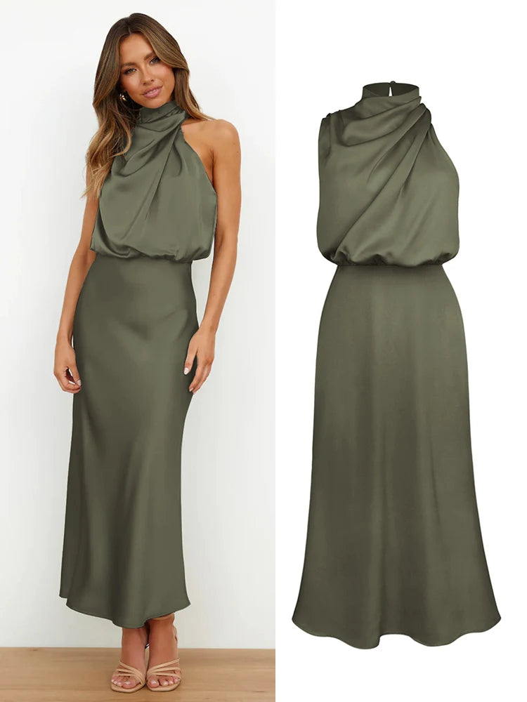 Summer High-End Silk Satin Long Dress Women Fashion Elegant Celebrity Evening Dress.  S-XL