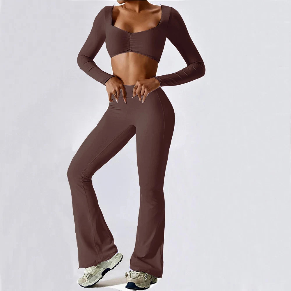 2-Pc Long Sleeve Pad Crop Top Yoga Set Big Leg Flare Scrunch Pant .