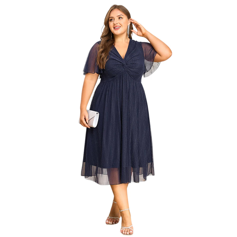 Plus Size Women's V-Neck Solid Elegant Evening Party Dress.