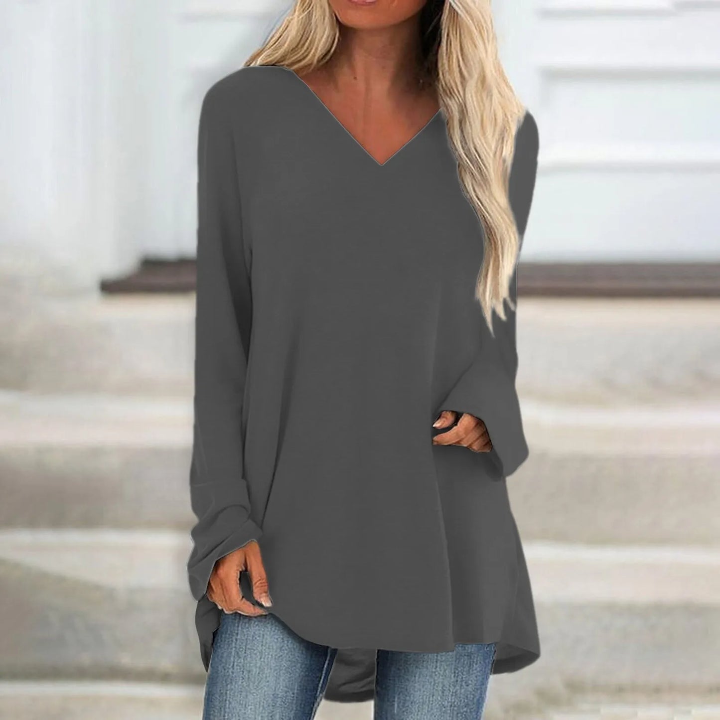 Women's Summer T-shirt Casual Long Sleeve V-Neck Solid Colour Loose Long Blouse/Shirt.  S-3xl