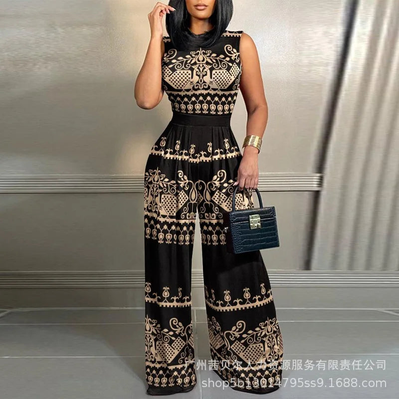 Leopard Print Chain Strap Plunge Jumpsuit Summer Sleeveless V Neck High Waist Jumpsuit.  S-XL
