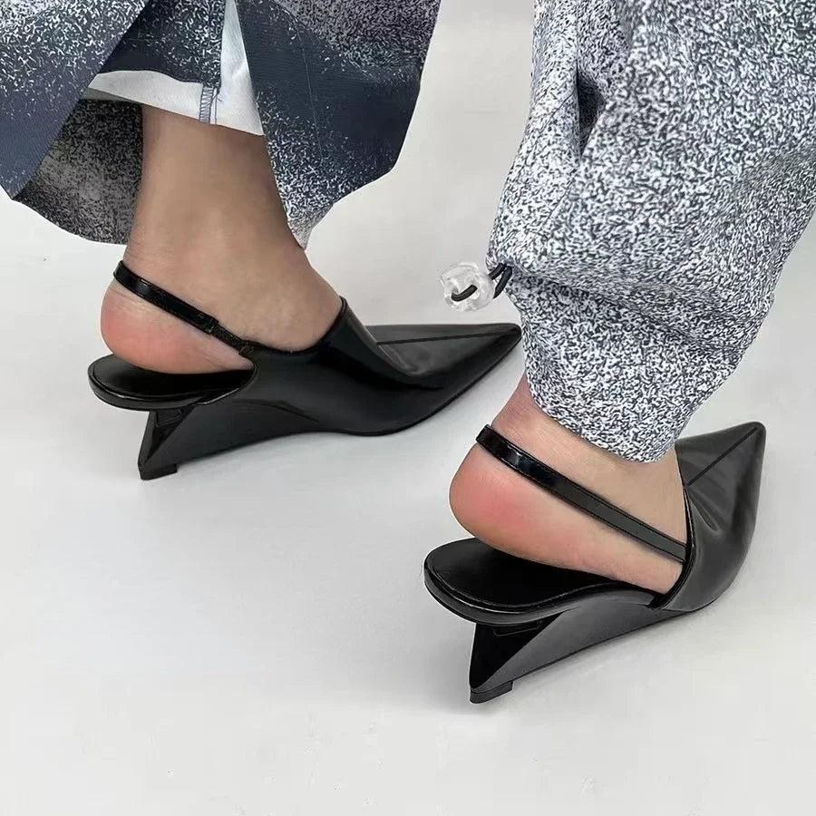 Fashion Wedge Sandals Pointed Toe Sandals Elegant Chunky Heel Mule Pumps