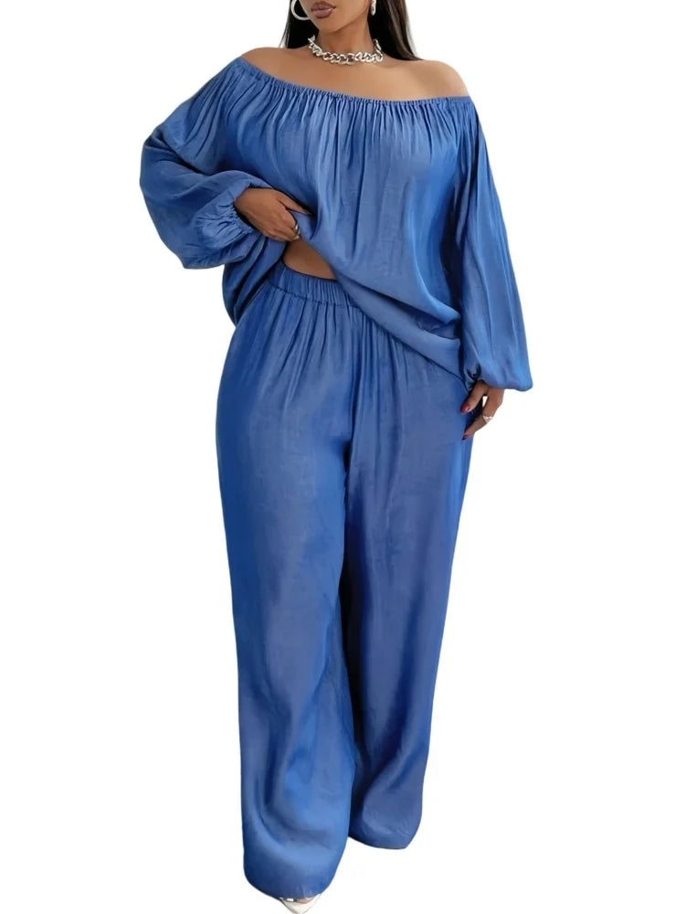 Two Piece Set Women Solid Color Large Size Set Imitating Denim Wide Leg Pant Set.  XL-4X