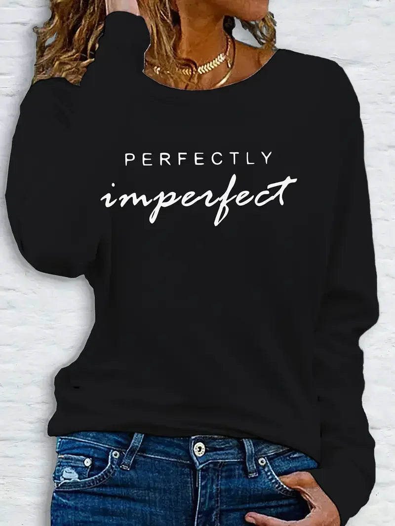 Graphic Print Long Sleeve T-Shirt Women'S Casual Long Sleeve T Shirt with "Perfectly Imperfect" Lettering Round Neck