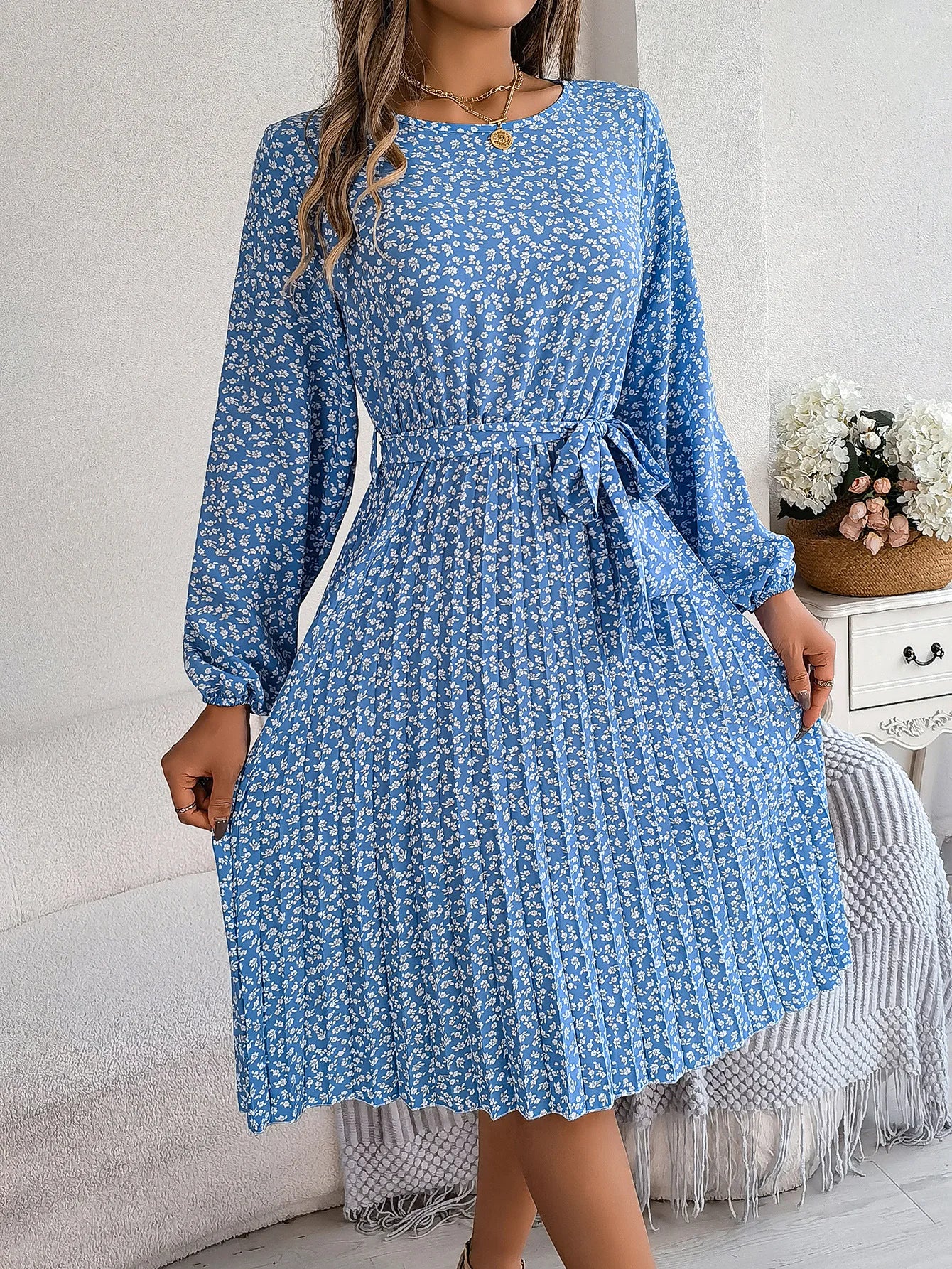 2025 Spring Summer Women's Long Sleeve O-neck Dress Floral Print Elegant Knee Length.