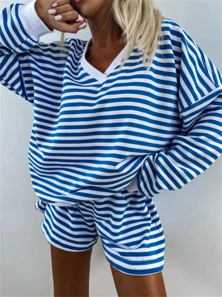 Ladies Striped Sport Two-piece Set Casual Long Sleeved V-neck Sweatshirt And Shorts Oversized And Very Comfortable