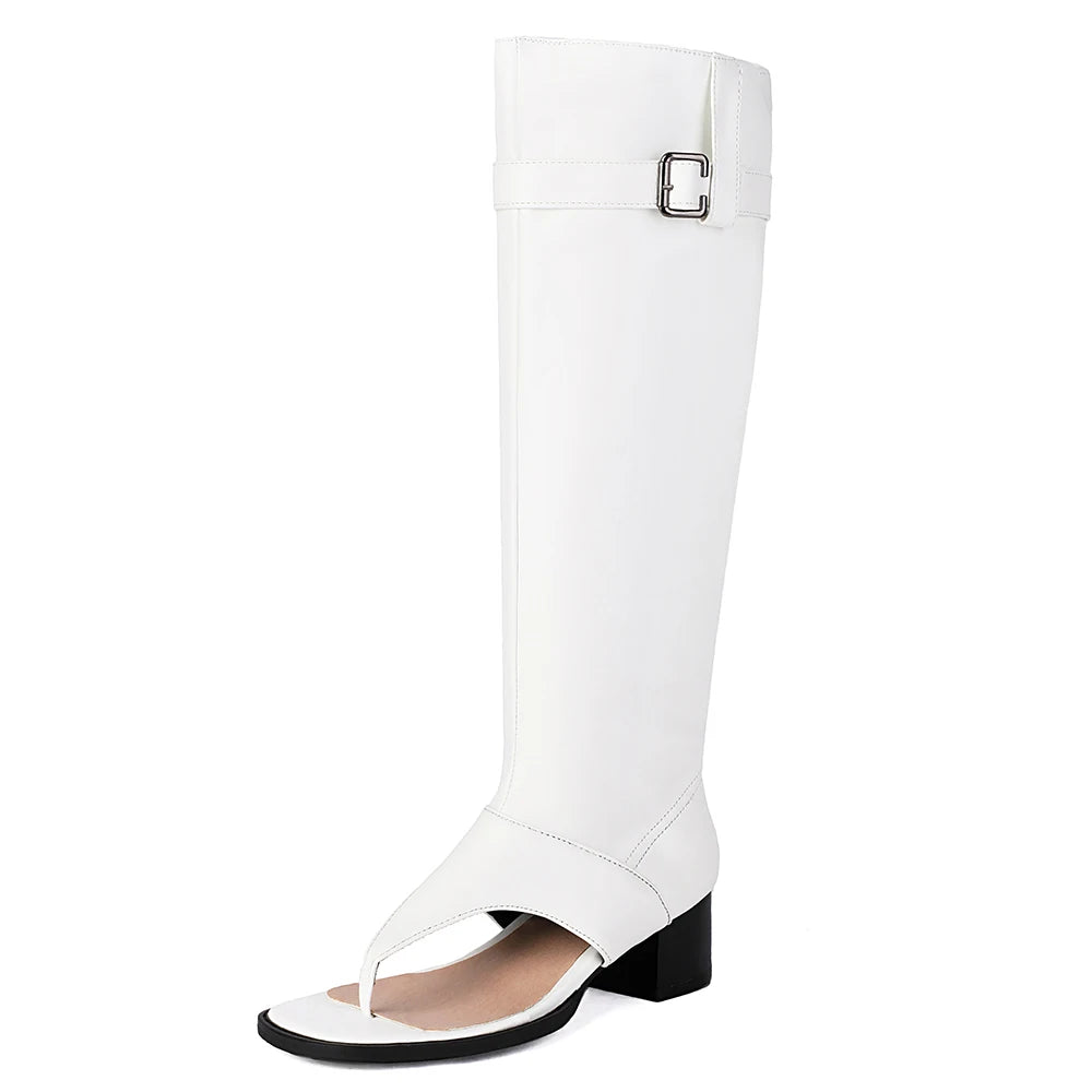 Summer Women Open Toe Boots Chunky Heel Flip-Flops Knee-High Boots With Belt Buckle
