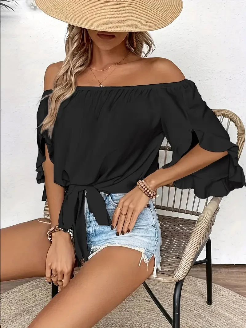 Summer One Shoulder Short Sleeved Top for Women Solid Colour Ruffle Sleeve Elegant Top.   S-2X