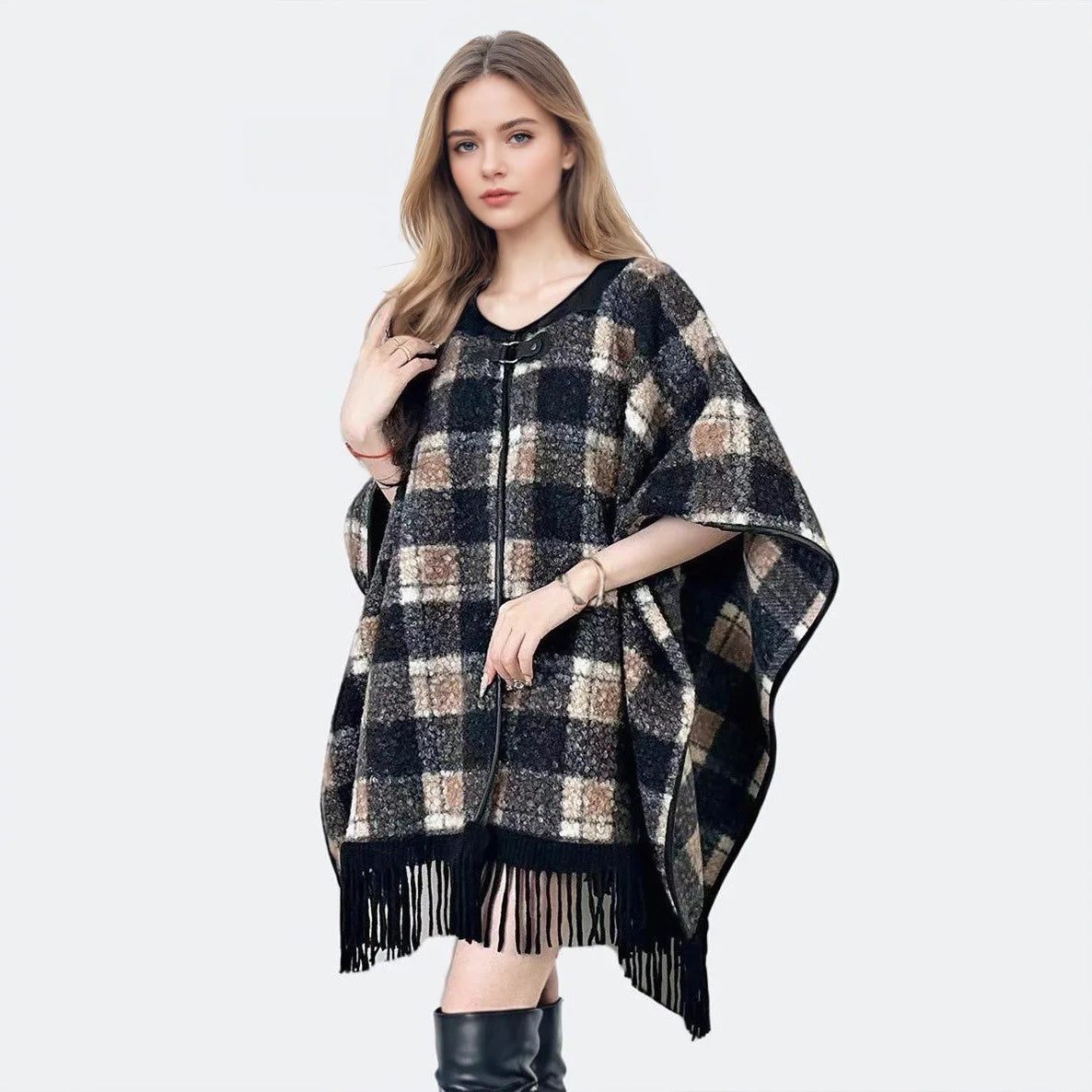 Quality Fashion Classic Leopard Zebra Stripes Like Wool Cape Coat Women Autumn Winter Outerwear Leather Collar.