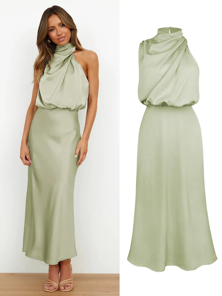 Summer High-End Silk Satin Long Dress Women Fashion Elegant Celebrity Evening Dress.  S-XL