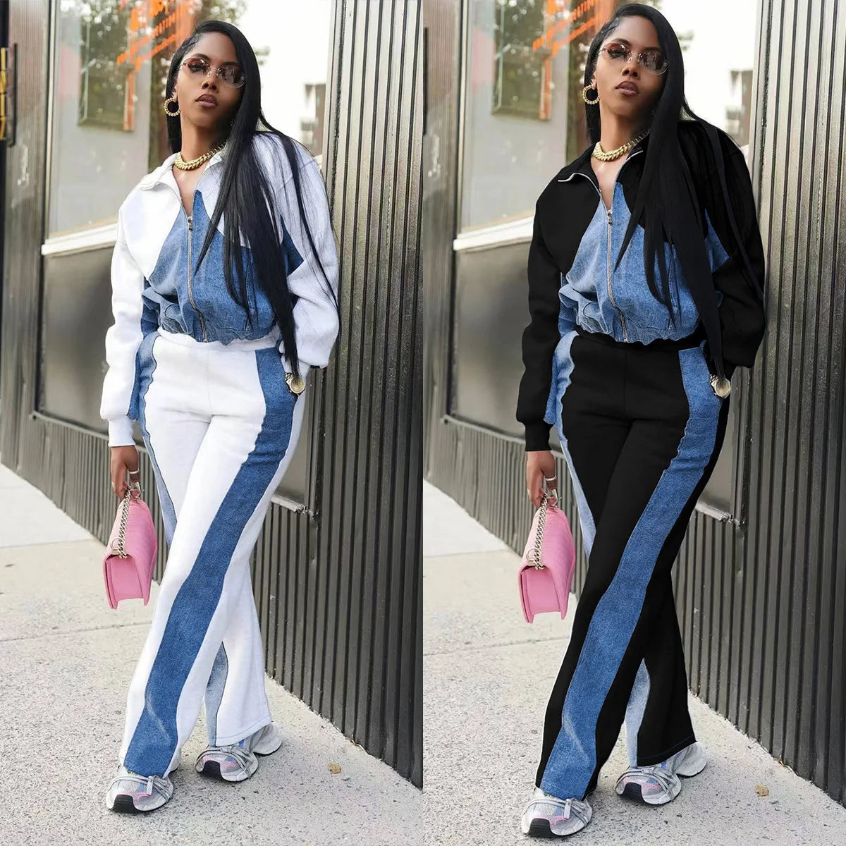 Women Two Piece Denim Matching Zip Up Jacket & Long Pants High Elastic Waist Casual Tracksuit.  S-2XL