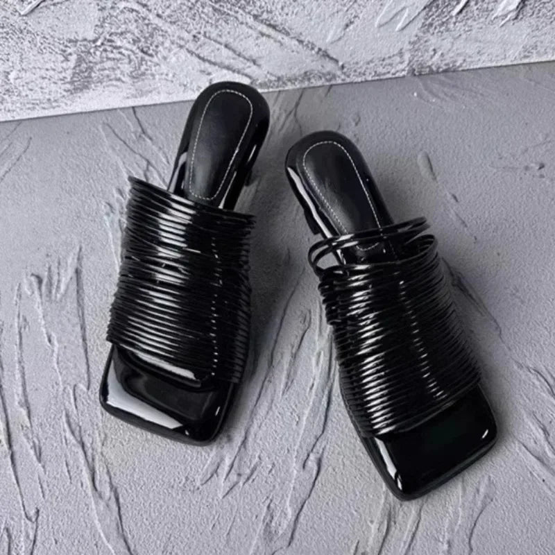 Square Toe Sandals Summer Shiny Solid Colour Heel Sandals