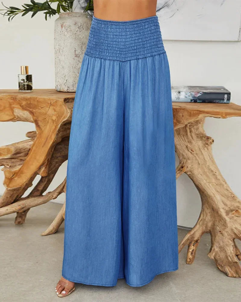 Spring Summer New Women's Clothing Light Blue High Waist Smocking Wide Leg Jeans.  S-XL