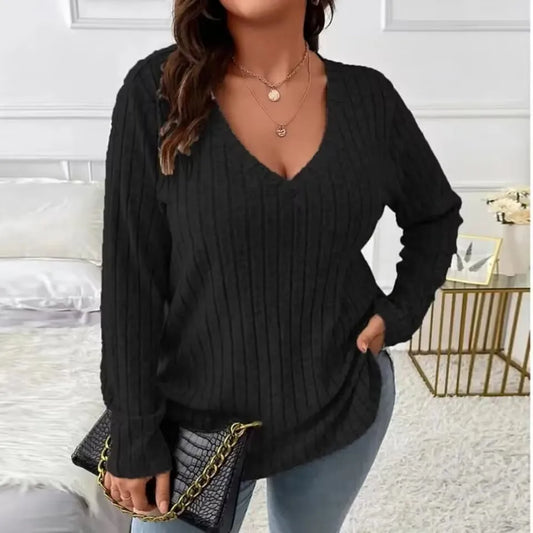 Plus Size Long Sleeve Casual Fashion V Neck Solid Colour Tops