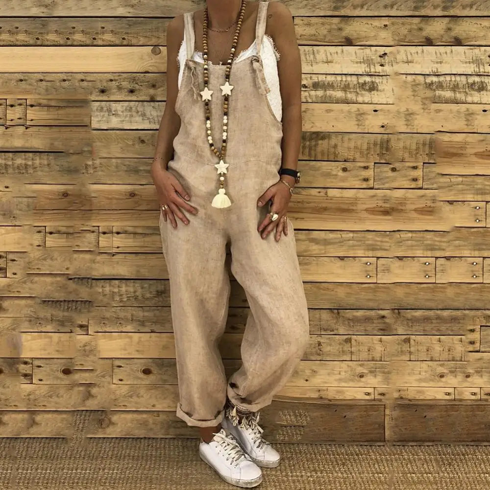 Women Casual Solid Color Sleeveless Adjustable Straps Loose Jumpsuit/Overalls.  M-5X