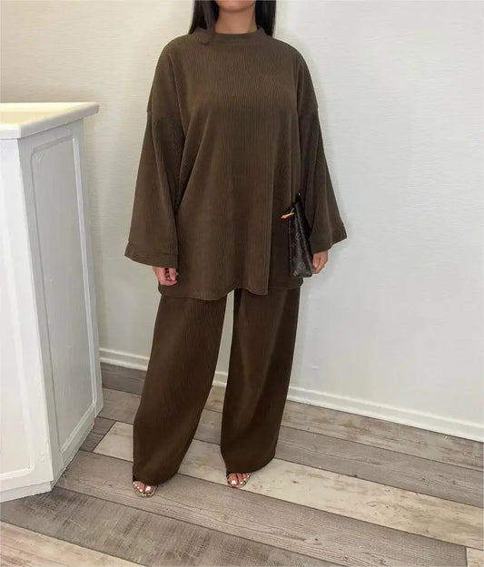 Elegant Female Fashion Solid Set Loose Long Sleeve Pullover Top Wide Legs  2 Piece Set. S-XL