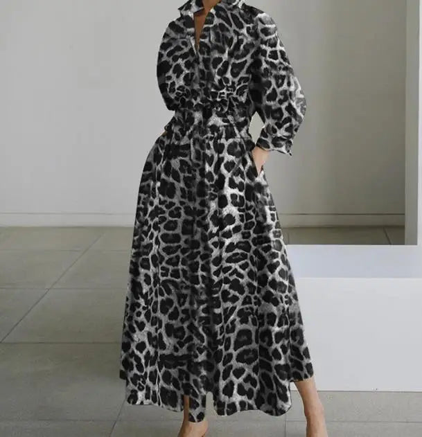 Women Fashion Leopard Print Long Sleeve Swing long Elegant Dress .  S-5X