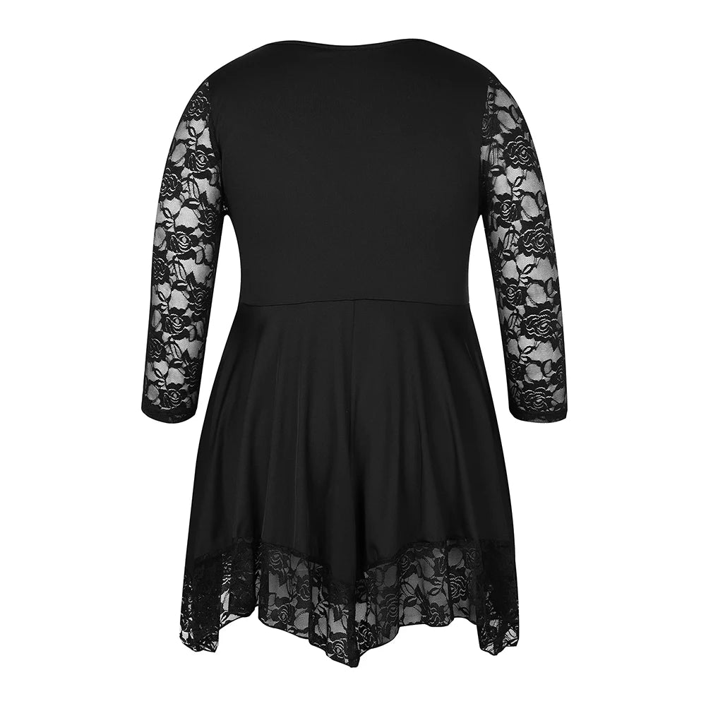 Women's Plus Size Fashion Lace Panel Irregular Hem Pullover Round Neck Sheer Top 3/4 Sleeve Tee.