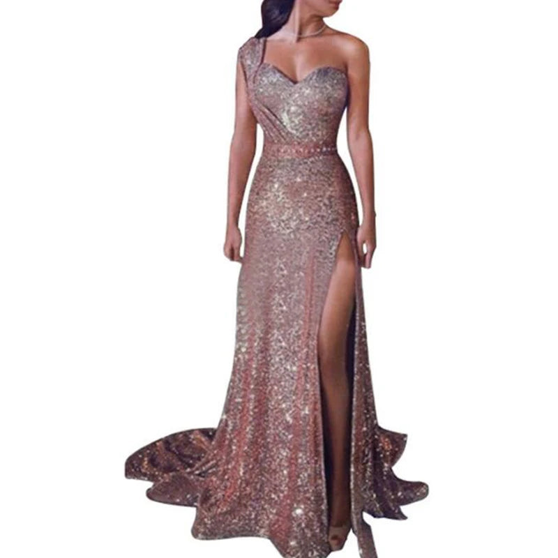 Women Sexy One Shoulder High Split Irregular Dress New Fashion Shiny Sequin Long Evening Lady Elegant Party Dress.  S-3X