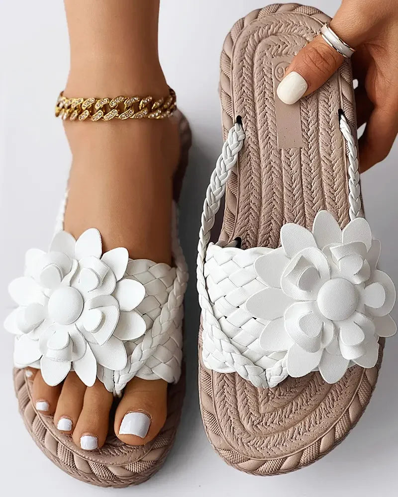 Women Solid Or Ombre Pattern Braided Casual Sandal Holographic Braided Floral Pattern