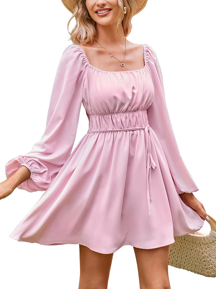 Women's Lantern Sleeve Square Neck Doll Dress A-Line Ruffle Elastic Waist Pink Dress Best for Summer.  S-XL