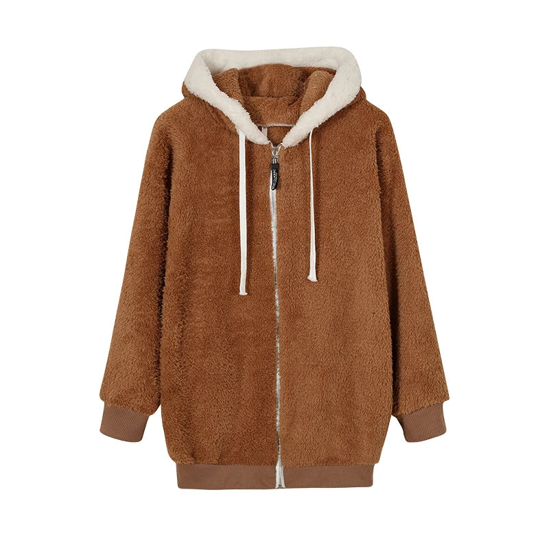 New Style Autumn And Winter Loose Plush Zipper Hooded Jacket Woman.  S-5X