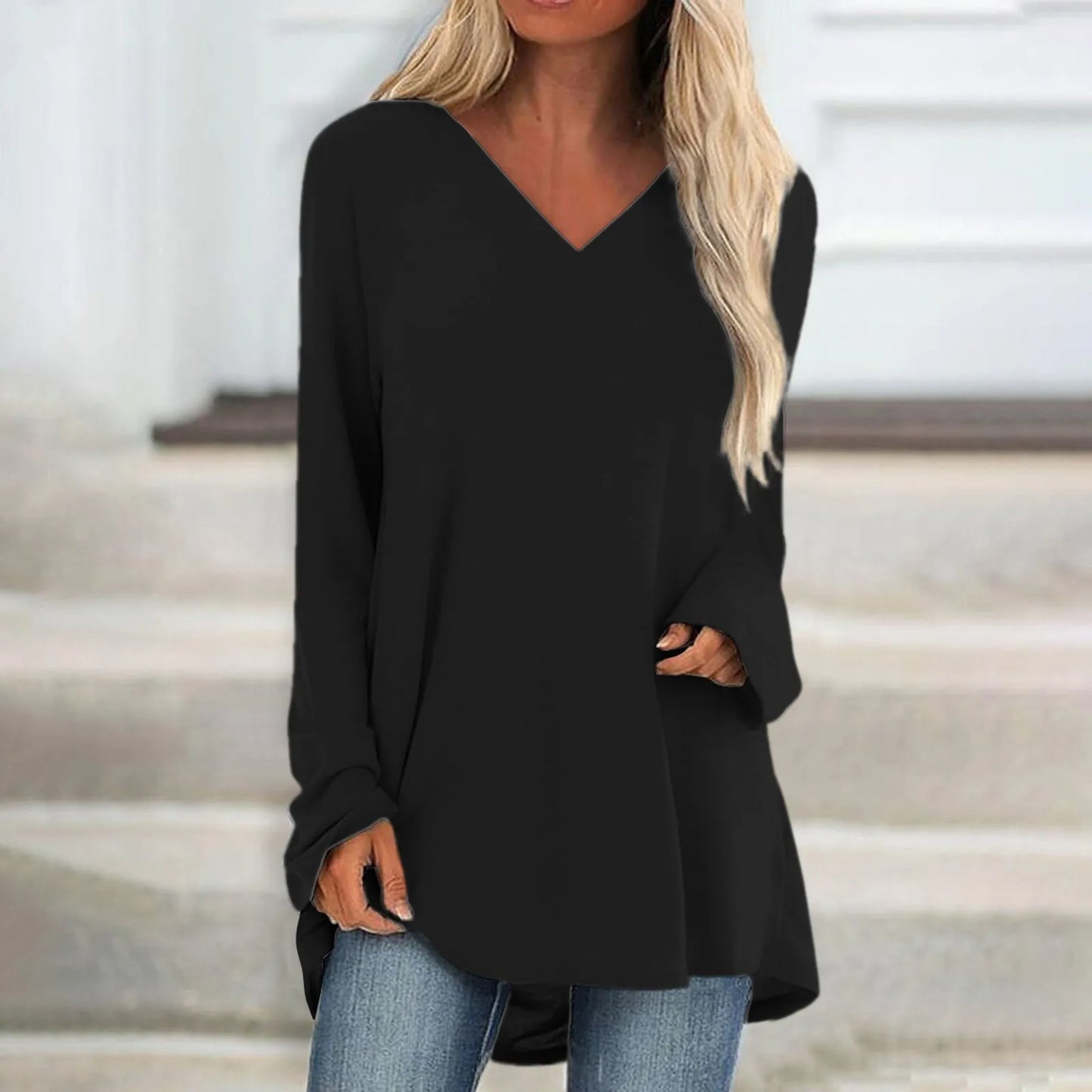 Women's Summer T-shirt Casual Long Sleeve V-Neck Solid Colour Loose Long Blouse/Shirt.  S-3xl