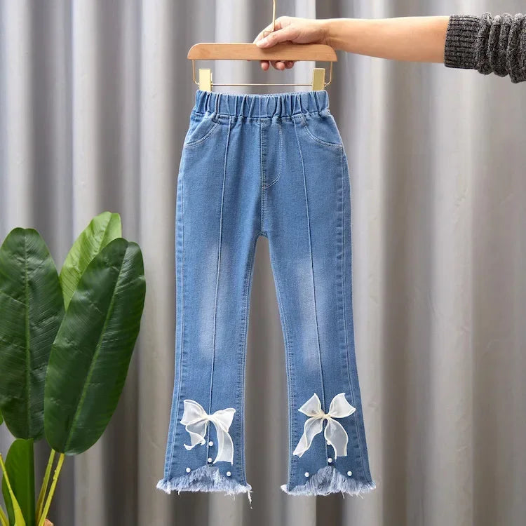 2024 Baby Girls Cowboy Pants Spring Autumn Girl Casual Denim Trousers Children Clothing Kids Stretch Flared Pants for 4-10 Years
