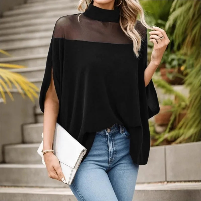 Women's Elegant Sheer Mesh Patchwork Mock Neck Top Loose Fit Casual Batwing Half Sleeve.  S-1X