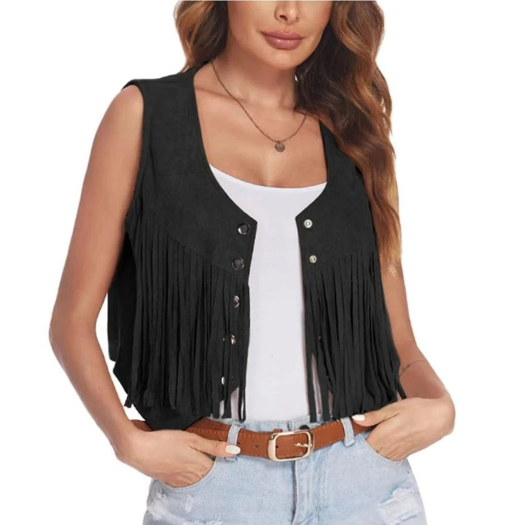 Women Faux Suede Ethnic Sleeveless  Rivet Fringe Tassels Hippie Open Front Vest Vintage Cowgirl Vest