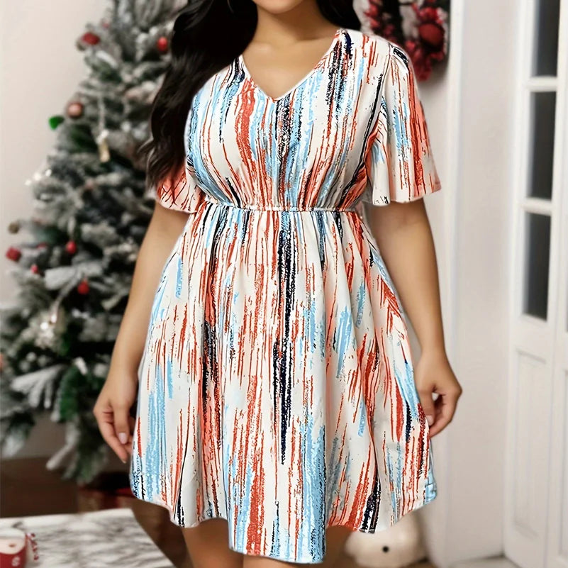 Plus Size Dress, Printed V-Neck Short-Sleeved Loose Fit, Elastic Waist, Casual Style Dress.  1X-5X
