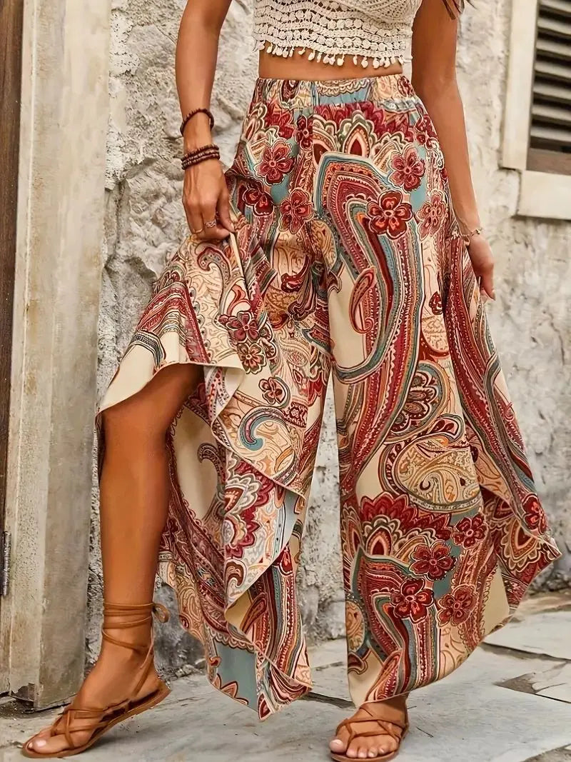 Plus Size Bohemian Paisley Print Women Pants Summer, Beach, Vacation Elastic Waist Casual Wide Leg Trousers