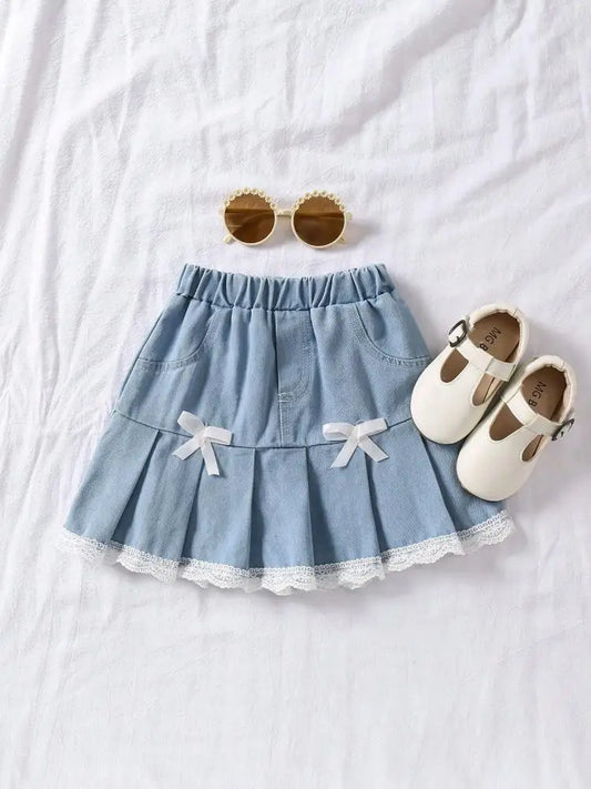 Baby Girl Denim Skirt Everyday  Wear Sweet And Cute With Bow Lace Pleated Girl's Denim Skirt