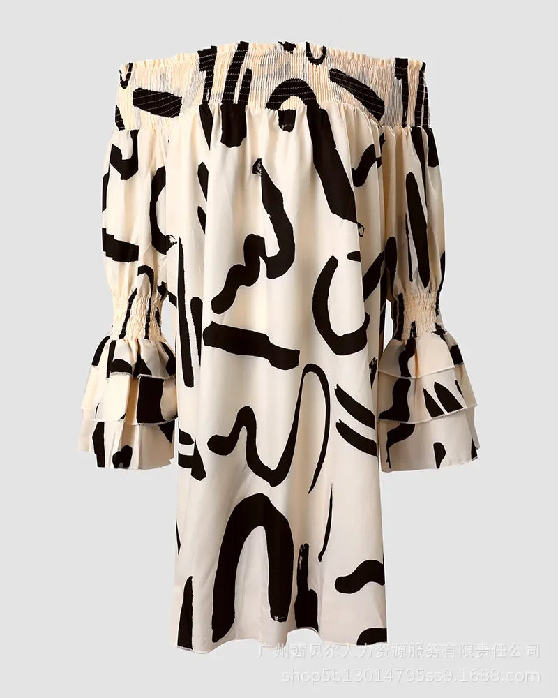 Casual Dress Loose Sexy Abstract Print Shirred Off Shoulder Fashion Casual Ruffles Dress Slash Neck.  S-XL