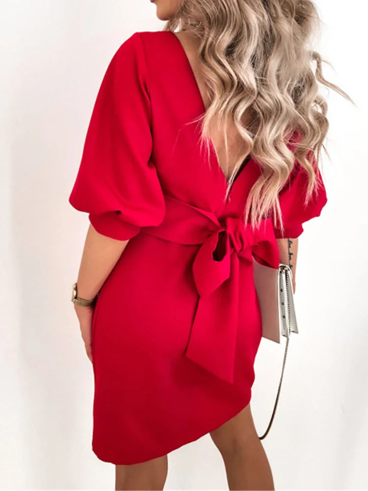 2025 Women Solid O-Neck Princess Party Dress Sexy Three Quarter Sleeve Ladies Bow Backless Dress.  S-3X