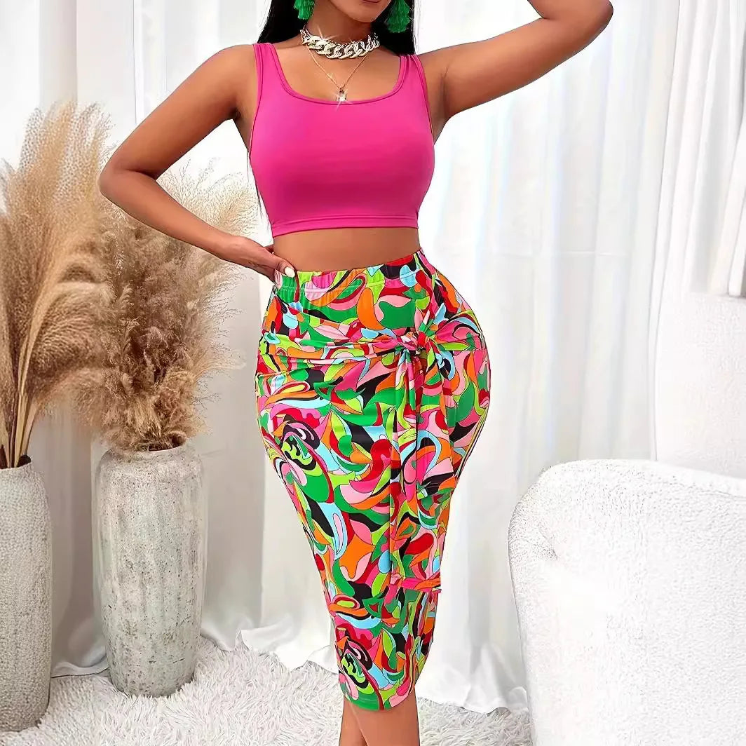 Women's Summer Sling Tank Top Printed Belt Skirt Two-piece.  S-2X