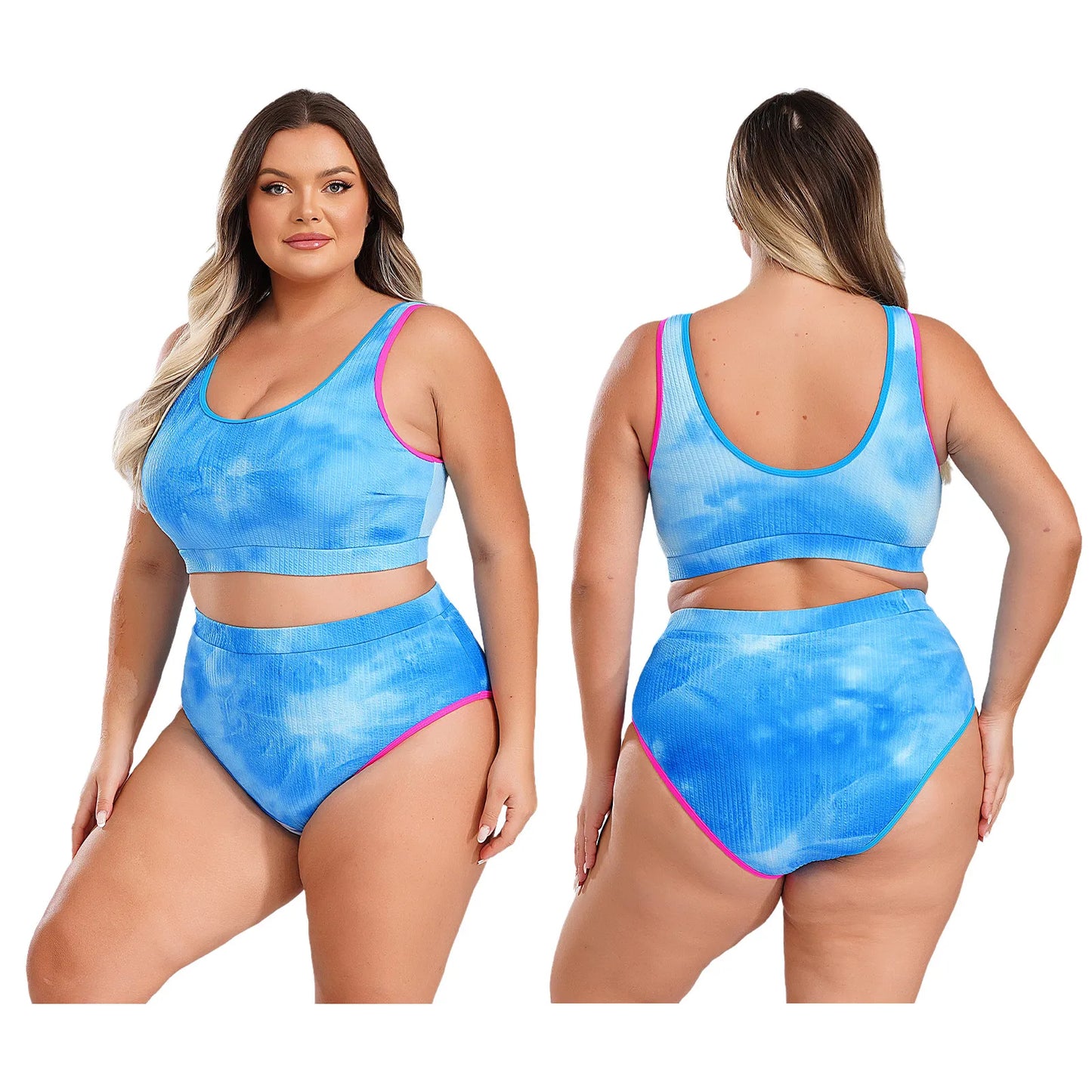 Womens Plus Size Sporty Swimsuit Two Pieces U Neck High Waisted Tankini Set Color Contrast Beach Swimming Bathing Suit Swimwear