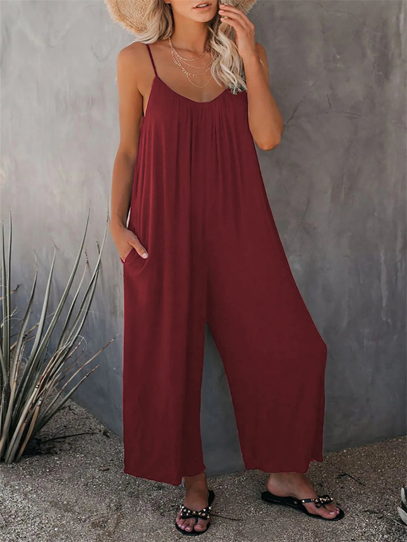 European Women's Summer New Solid Colour Pocket Casual Jumpsuit.  S-xxxL